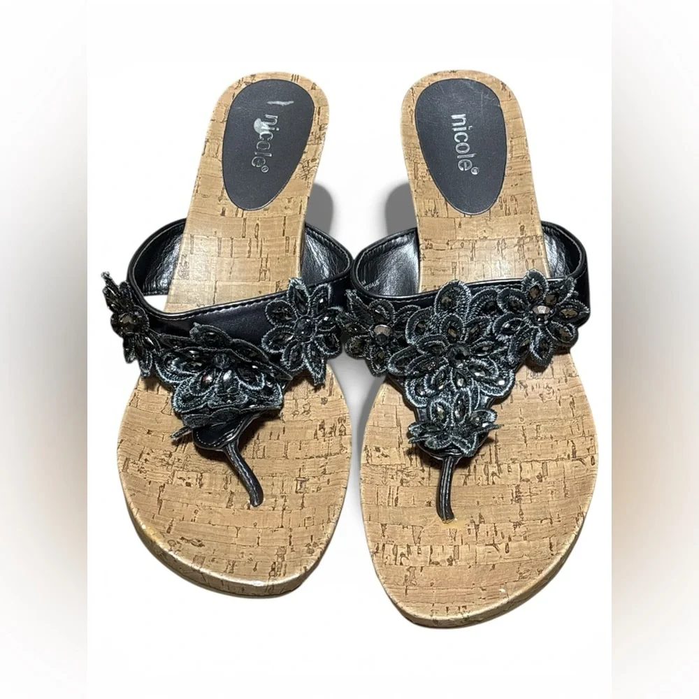 NICOLE Pewter Floral T-strap Wedge Sandals with a Cork Sole